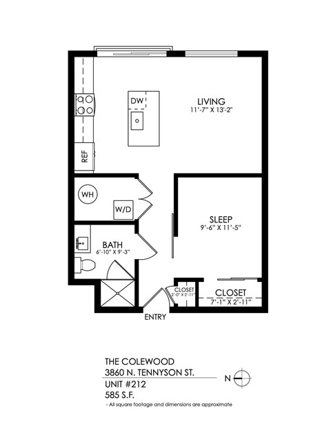 Floor plan for 1 bed, 1 bath, 639 sqft